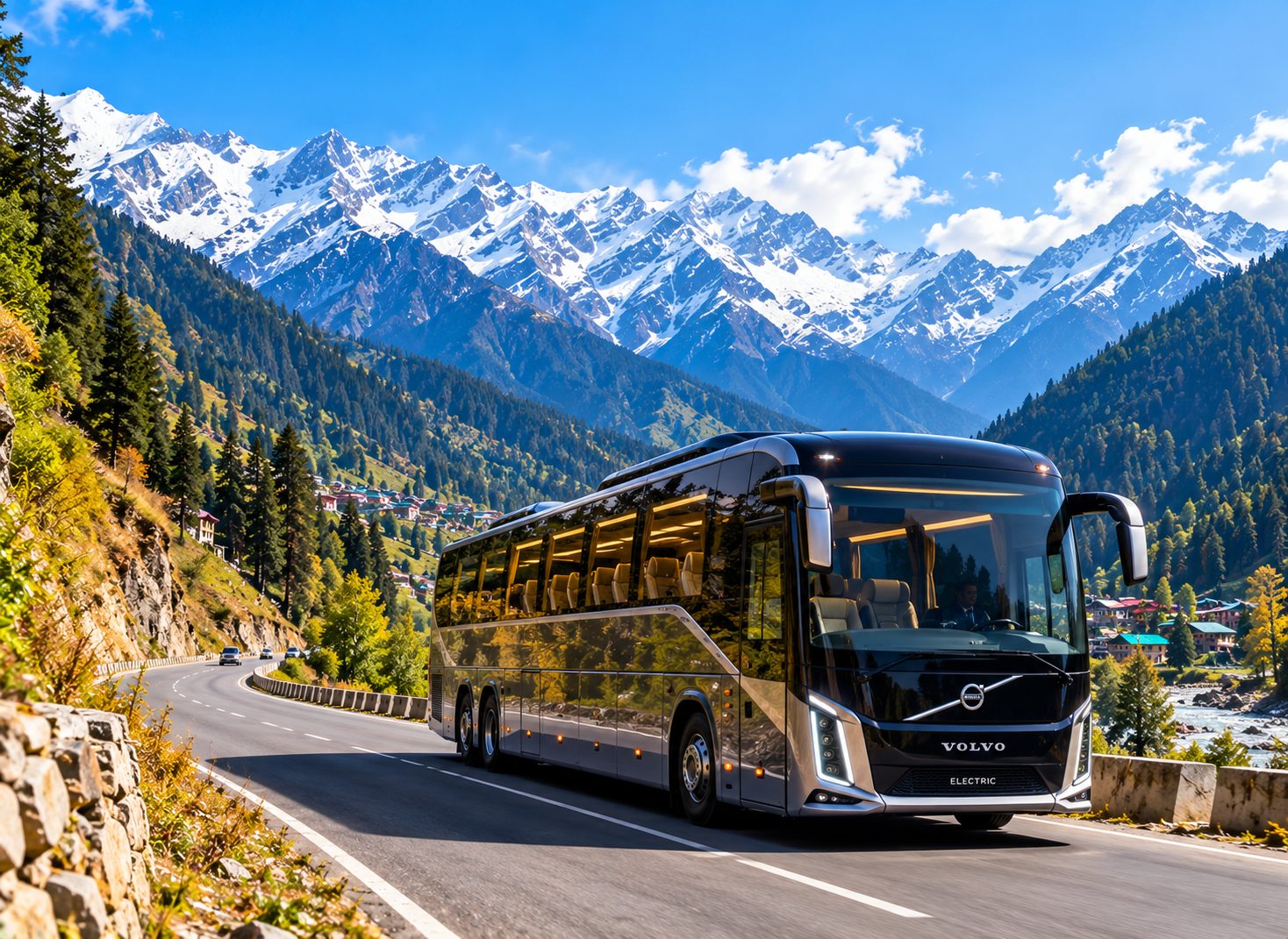 Luxury Volvo coach travelling through the Himalayas
